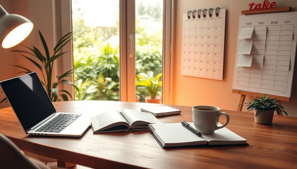 A serene and organized workspace with a wooden desk, a laptop, a planner, and a cup of coffee. Warm, diffused lighting casts a cozy glow, while a minimalist wall calendar and a to-do list board provide a sense of structure and productivity. In the background, a window offers a view of a lush, verdant garden, creating a tranquil and focused environment. The scene conveys a balance between work and mindfulness, encouraging efficient time management and task prioritization. A serene and organized workspace with a wooden desk, a laptop, a planner, and a cup of coffee. Warm, diffused lighting casts a cozy glow, while a minimalist wall calendar and a to-do list board provide a sense of structure and productivity. In the background, a window offers a view of a lush, verdant garden, creating a tranquil and focused environment. The scene conveys a balance between work and mindfulness, encouraging efficient time management and task prioritization.