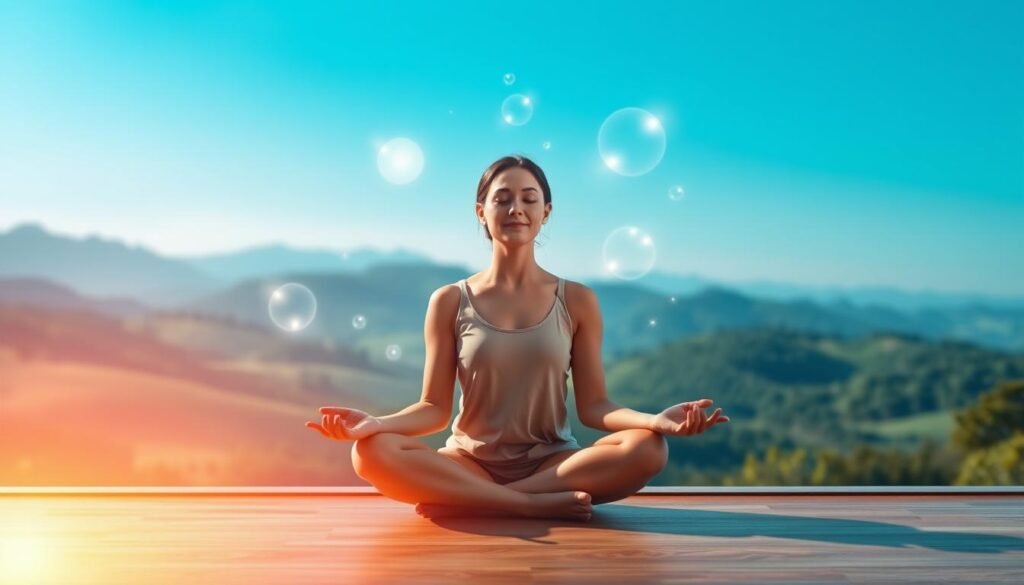 A serene and tranquil scene depicting the benefits of conscious breathwork. In the foreground, a person sits in a comfortable lotus position, eyes closed, hands resting gently on their lap. A warm, soft light envelops them, highlighting the peaceful expression on their face. In the middle ground, glowing energy orbs float and swirl, representing the flow of life force energy through the breath. The background is a calming, nature-inspired landscape, with rolling hills, lush greenery, and a clear blue sky, conveying a sense of harmony and connection with the natural world. The overall mood is one of relaxation, rejuvenation, and a deep sense of well-being. A serene and tranquil scene depicting the benefits of conscious breathwork. In the foreground, a person sits in a comfortable lotus position, eyes closed, hands resting gently on their lap. A warm, soft light envelops them, highlighting the peaceful expression on their face. In the middle ground, glowing energy orbs float and swirl, representing the flow of life force energy through the breath. The background is a calming, nature-inspired landscape, with rolling hills, lush greenery, and a clear blue sky, conveying a sense of harmony and connection with the natural world. The overall mood is one of relaxation, rejuvenation, and a deep sense of well-being.