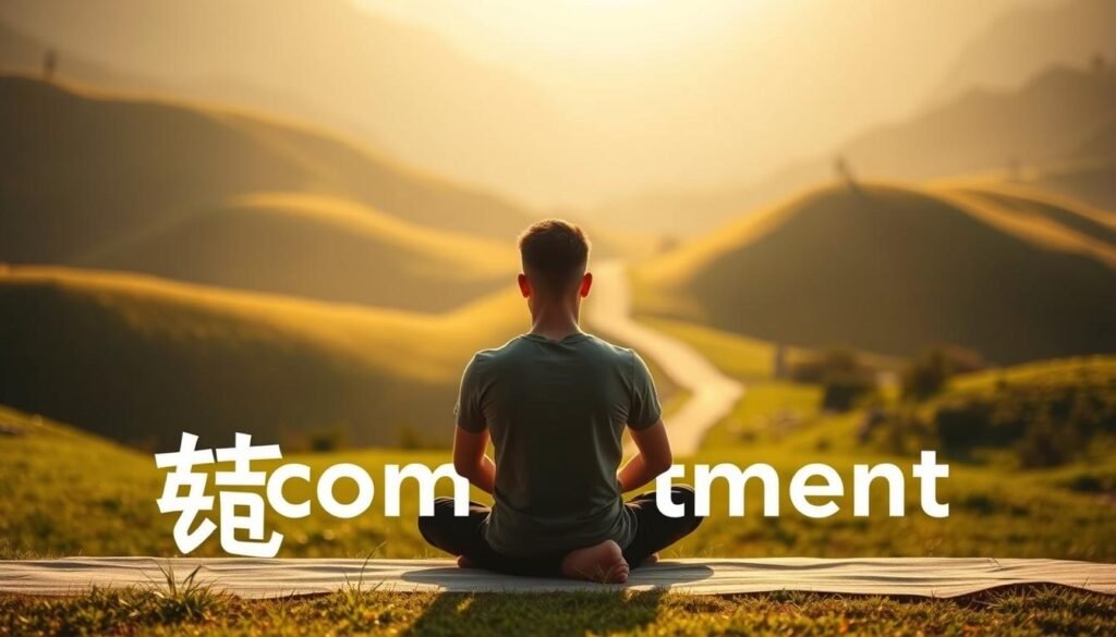A serene and tranquil scene depicting the concept of "الالتزام" (commitment). In the foreground, a person sits cross-legged, eyes closed, hands resting on their lap in a meditative pose, conveying a sense of focus and determination. The middle ground features a lush, verdant landscape with rolling hills and a winding path leading towards the horizon. The background is bathed in a soft, golden glow, creating an atmosphere of warmth and inner peace. The lighting is natural and diffused, casting gentle shadows that accentuate the subject's features. The camera angle is slightly elevated, allowing the viewer to observe the scene from a contemplative perspective. The overall mood is one of discipline, clarity, and self-control.
