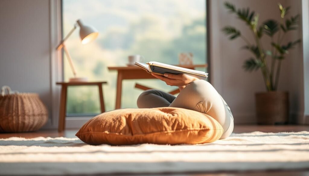 A serene and tranquil scene depicting the emotional and psychological benefits of a gratitude journal. In the foreground, a person sits cross-legged on a plush, earthy-toned cushion, thoughtfully writing in a journal with a warm, golden light illuminating the scene. The middle ground features a calming, minimalist workspace with a wooden desk and chair, along with a cup of tea or coffee. The background showcases a softly blurred, natural landscape with lush greenery and a soothing, pastel color palette. The overall atmosphere evokes a sense of mindfulness, introspection, and emotional well-being. A serene and tranquil scene depicting the emotional and psychological benefits of a gratitude journal. In the foreground, a person sits cross-legged on a plush, earthy-toned cushion, thoughtfully writing in a journal with a warm, golden light illuminating the scene. The middle ground features a calming, minimalist workspace with a wooden desk and chair, along with a cup of tea or coffee. The background showcases a softly blurred, natural landscape with lush greenery and a soothing, pastel color palette. The overall atmosphere evokes a sense of mindfulness, introspection, and emotional well-being.