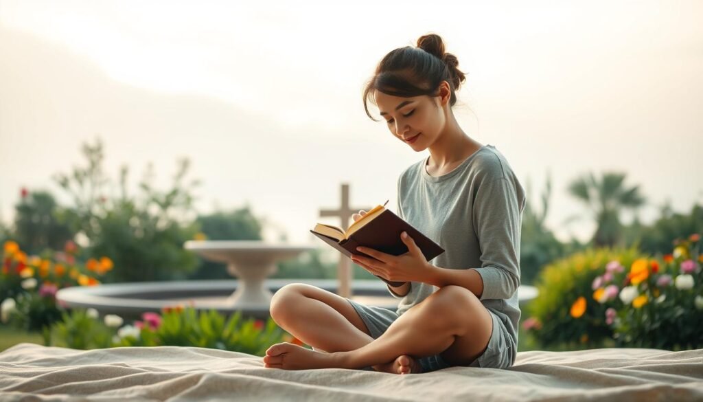 A serene and tranquil scene depicting the emotional and psychological benefits of a gratitude journal. In the foreground, a person sits cross-legged, thoughtfully writing in a leather-bound journal, their face radiating a sense of calm and contentment. The middle ground features a lush, verdant garden with vibrant flowers and a soothing water feature, symbolizing the inner peace and flourishing well-being cultivated through the practice of gratitude. The background showcases a soft, hazy sky with gentle, wispy clouds, creating an atmosphere of introspection and emotional clarity. Warm, diffused lighting imbues the scene with a sense of comfort and reflection, inviting the viewer to consider the profound impact of mindfully recording one's blessings.