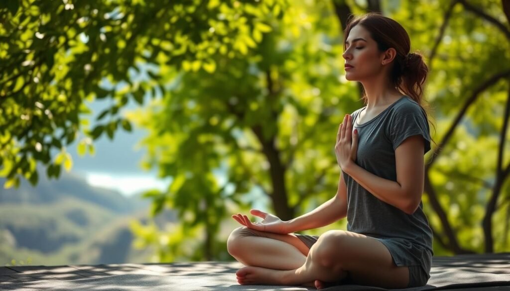 A serene and tranquil scene of a person practicing breathing exercises in a peaceful, natural setting. The foreground features a person sitting cross-legged, with eyes closed and hands resting gently on their lap, deeply focused on their breathing. The middle ground showcases lush, verdant foliage, with sunlight filtering through the leaves, creating a warm and calming atmosphere. The background depicts a picturesque landscape, perhaps a mountainous terrain or a serene body of water, emphasizing the harmony between the individual and their surroundings. The lighting is soft and diffused, evoking a sense of tranquility and inner peace. The overall composition conveys the importance of mindful breathing practices for daily well-being and relaxation. A serene and tranquil scene of a person practicing breathing exercises in a peaceful, natural setting. The foreground features a person sitting cross-legged, with eyes closed and hands resting gently on their lap, deeply focused on their breathing. The middle ground showcases lush, verdant foliage, with sunlight filtering through the leaves, creating a warm and calming atmosphere. The background depicts a picturesque landscape, perhaps a mountainous terrain or a serene body of water, emphasizing the harmony between the individual and their surroundings. The lighting is soft and diffused, evoking a sense of tranquility and inner peace. The overall composition conveys the importance of mindful breathing practices for daily well-being and relaxation.
