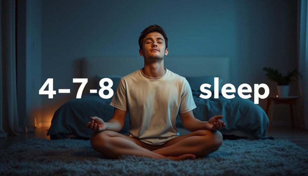 A serene and tranquil scene of a person practicing the 4-7-8 breathing technique for deep sleep. The subject is shown in a dimly lit, cozy bedroom, sitting cross-legged on a plush rug, with soft ambient lighting illuminating the space. The individual's eyes are gently closed, their expression peaceful and focused, as they inhale for 4 seconds, hold for 7 seconds, and exhale for 8 seconds. The background features soothing, muted colors, such as soft blues and grays, creating a calming atmosphere. Subtle details like a bedside table with a glass of water and a small plant add to the sense of comfort and relaxation. The overall composition conveys the restorative benefits of the 4-7-8 technique for achieving deep, restful sleep. A serene and tranquil scene of a person practicing the 4-7-8 breathing technique for deep sleep. The subject is shown in a dimly lit, cozy bedroom, sitting cross-legged on a plush rug, with soft ambient lighting illuminating the space. The individual's eyes are gently closed, their expression peaceful and focused, as they inhale for 4 seconds, hold for 7 seconds, and exhale for 8 seconds. The background features soothing, muted colors, such as soft blues and grays, creating a calming atmosphere. Subtle details like a bedside table with a glass of water and a small plant add to the sense of comfort and relaxation. The overall composition conveys the restorative benefits of the 4-7-8 technique for achieving deep, restful sleep.