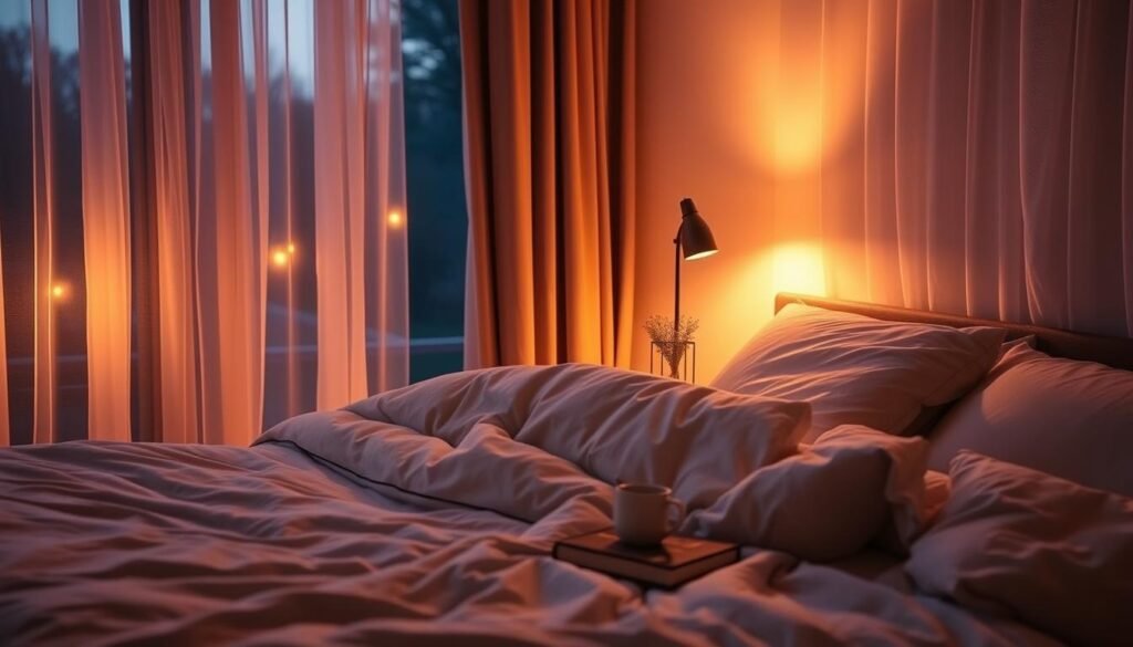 A serene bedroom at twilight, the warm glow of a bedside lamp casting a gentle light over a plush, inviting bed. Soft, cozy bedding in muted tones invites the viewer to sink in and experience the tranquility of an evening wind-down. Wispy curtains billow softly, hinting at the calm night outside. Carefully placed items like a book, a mug, and a small plant create a soothing, personal atmosphere, conveying the thoughtfulness of establishing a restful sleep routine. The overall composition has a dreamlike, comfortable quality, encouraging the viewer to envision themselves in this peaceful setting, ready to embark on a journey to deeper, more restorative sleep.