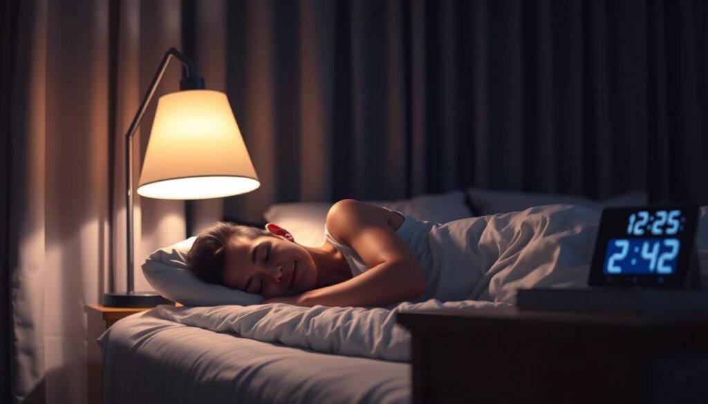 A serene bedroom scene with a person sleeping soundly under a dimly lit lamp, the soft glow creating a calming atmosphere. In the background, blackout curtains block out external light, ensuring a restful environment. The bedside table holds a book and a digital clock displaying a late evening time, emphasizing the importance of managing light exposure for better sleep. The overall composition conveys a sense of tranquility and the practical steps one can take to optimize their sleep routine.