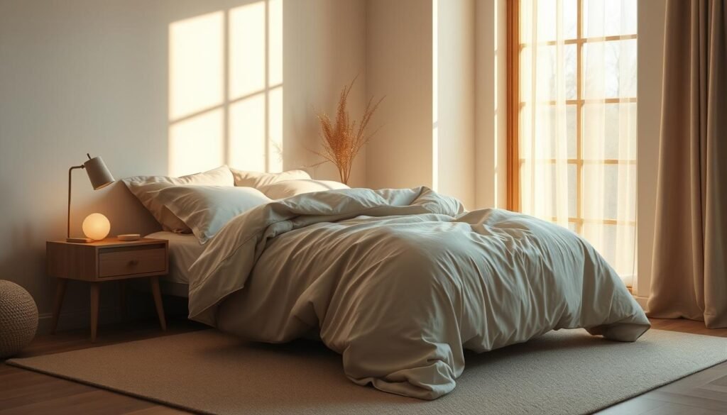 A serene bedroom setting with soft, warm lighting illuminating a comfortable bed draped in luxurious bedding. The room exudes a calming atmosphere, with natural textures and muted colors creating a peaceful ambiance. A nightstand with a simple, minimalist design sits beside the bed, and a large window allows natural daylight to filter in, casting a gentle glow throughout the space. The overall composition conveys a sense of tranquility and restfulness, inviting the viewer to imagine a good night's sleep.