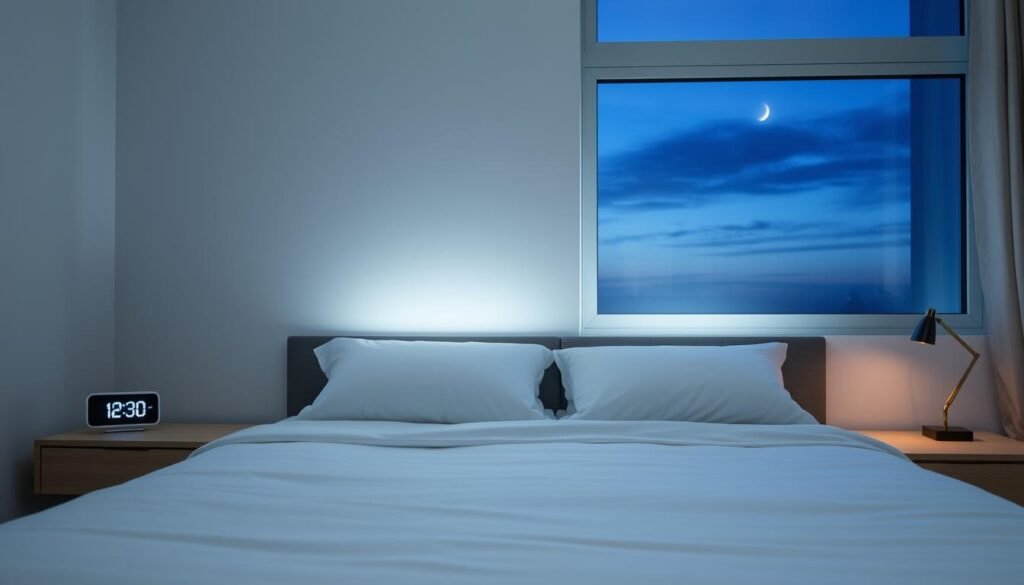A serene bedroom with a large bed, freshly made with crisp white sheets. Soft, indirect lighting illuminates the scene, creating a calming atmosphere. On the bedside table, a digital clock displays the time in a minimalist design. The room is void of any electronic devices, promoting a distraction-free environment for restful sleep. Outside the window, a peaceful night sky is visible, hinting at the tranquility of the evening. The overall mood evokes a sense of harmony and routine, emphasizing the importance of a consistent sleep schedule. A serene bedroom with a large bed, freshly made with crisp white sheets. Soft, indirect lighting illuminates the scene, creating a calming atmosphere. On the bedside table, a digital clock displays the time in a minimalist design. The room is void of any electronic devices, promoting a distraction-free environment for restful sleep. Outside the window, a peaceful night sky is visible, hinting at the tranquility of the evening. The overall mood evokes a sense of harmony and routine, emphasizing the importance of a consistent sleep schedule.