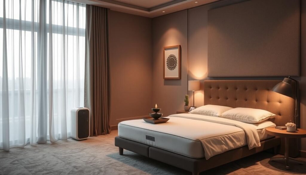 A serene bedroom with muted colors and soft lighting, minimizing noise intrusion. Plush carpeting dampens footsteps, while sound-absorbing curtains and wall hangings create a peaceful ambiance. Strategically placed acoustic panels blend seamlessly, reducing reverberations and echoes. An air purifier hums gently, masking external disturbances. The bed is a haven of comfort, with a high-quality mattress and sound-dampening headboard. Gentle white noise from a tabletop fountain promotes relaxation. Overall, the room exudes a sense of tranquility, optimized for a restful night's sleep. A serene bedroom with muted colors and soft lighting, minimizing noise intrusion. Plush carpeting dampens footsteps, while sound-absorbing curtains and wall hangings create a peaceful ambiance. Strategically placed acoustic panels blend seamlessly, reducing reverberations and echoes. An air purifier hums gently, masking external disturbances. The bed is a haven of comfort, with a high-quality mattress and sound-dampening headboard. Gentle white noise from a tabletop fountain promotes relaxation. Overall, the room exudes a sense of tranquility, optimized for a restful night's sleep.