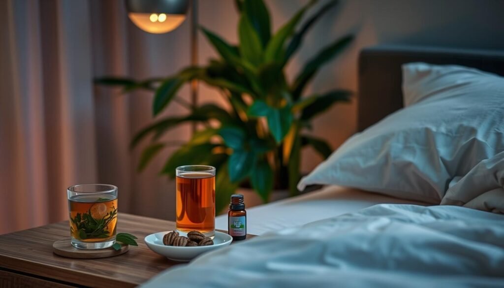 A serene bedtime scene with a glass of warm herbal tea, a sleep-promoting snack, and a calming essential oil diffuser on a wooden nightstand. The room is dimly lit with soft, ambient lighting, casting a cozy glow. In the background, lush, leafy plants add a touch of nature, while the bed is made up with crisp, high-thread-count sheets and a plush, oversized comforter. The overall atmosphere is one of relaxation and restfulness, conveying the importance of a balanced diet and consistent sleep habits for optimal sleep quality. A serene bedtime scene with a glass of warm herbal tea, a sleep-promoting snack, and a calming essential oil diffuser on a wooden nightstand. The room is dimly lit with soft, ambient lighting, casting a cozy glow. In the background, lush, leafy plants add a touch of nature, while the bed is made up with crisp, high-thread-count sheets and a plush, oversized comforter. The overall atmosphere is one of relaxation and restfulness, conveying the importance of a balanced diet and consistent sleep habits for optimal sleep quality.