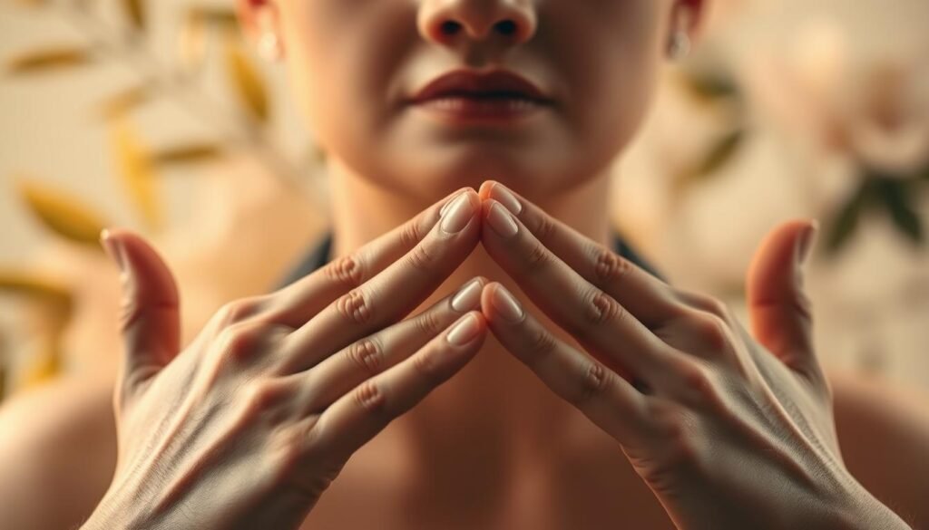 A serene close-up view of a person's hands gently guiding their index and middle fingers to alternately close each nostril, against a soft, blurred background of natural elements like leaves or flowers. Warm, diffused lighting casts a calming glow, emphasizing the meditative nature of the practice. The composition is balanced and centered, inviting the viewer to follow along and experience the technique of alternate-nostril breathing. The overall mood is peaceful, tranquil, and promotes a sense of mindfulness. A serene close-up view of a person's hands gently guiding their index and middle fingers to alternately close each nostril, against a soft, blurred background of natural elements like leaves or flowers. Warm, diffused lighting casts a calming glow, emphasizing the meditative nature of the practice. The composition is balanced and centered, inviting the viewer to follow along and experience the technique of alternate-nostril breathing. The overall mood is peaceful, tranquil, and promotes a sense of mindfulness.