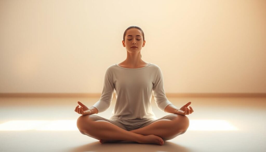 A serene, contemplative scene of a person in deep meditation, their mind clear and focused. The figure sits cross-legged, their eyes closed, face calm and relaxed. Soft, diffused lighting bathes the scene in a warm, ethereal glow, creating an atmosphere of tranquility and inner peace. The background is a minimalist, zen-inspired setting - perhaps a simple room with clean lines, muted colors, and a sense of spaciousness that enhances the meditative experience. The overall composition conveys a sense of mental clarity, emotional balance, and spiritual well-being.
