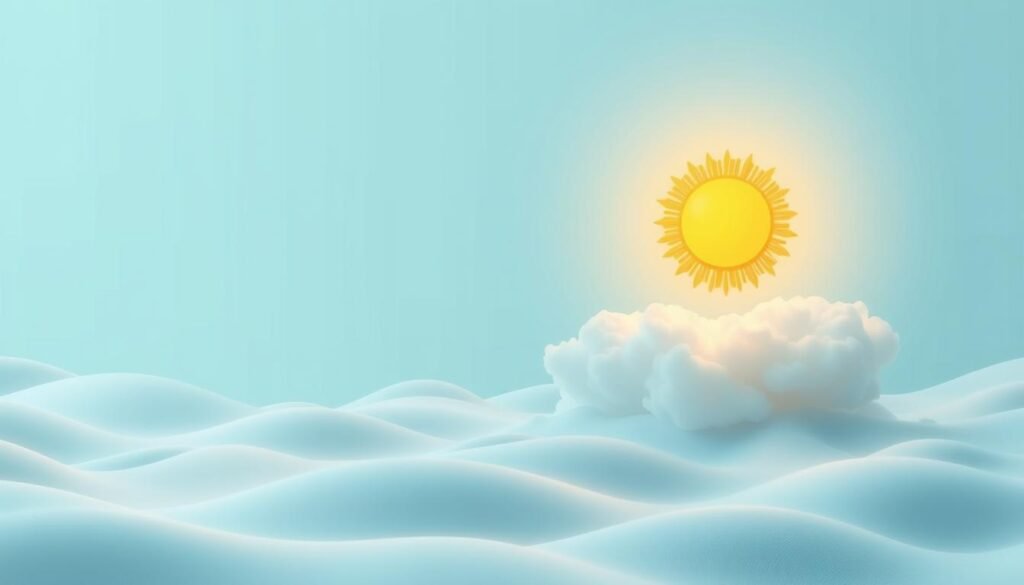 A serene digital landscape with a central focus on a glowing, golden sun symbol emerging from a meditative cloud formation. The background features a minimalist array of simple geometric shapes and gradients in cool, soothing tones, evoking a sense of digital tranquility. Soft, diffused lighting creates a peaceful, contemplative atmosphere, with a clean, uncluttered composition that draws the viewer's attention to the symbolic representation of the "digital fast". The overall visual style should be modern, elegant, and visually striking, capturing the essence of the "digital fasting" concept.