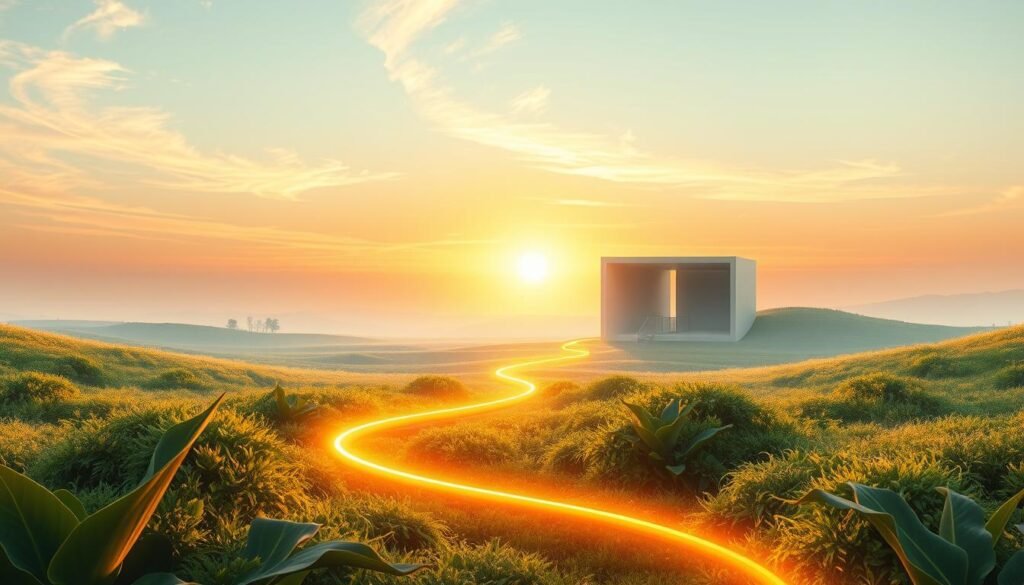 A serene digital landscape with a glowing path leading towards a rising sun, symbolizing the progress and continuity of a digital fast. The foreground features lush, vibrant vegetation, with flowing lines and organic shapes that reflect the harmony and balance of the digital detox. The middle ground showcases a sleek, minimalist architecture, its clean lines and muted colors conveying a sense of tranquility and intentionality. In the background, a vast, ethereal sky with wispy clouds and warm, golden hues sets the tone of contemplation and introspection. Soft, diffused lighting illuminates the scene, creating a calming, contemplative atmosphere that invites the viewer to embrace the rhythms of digital moderation.