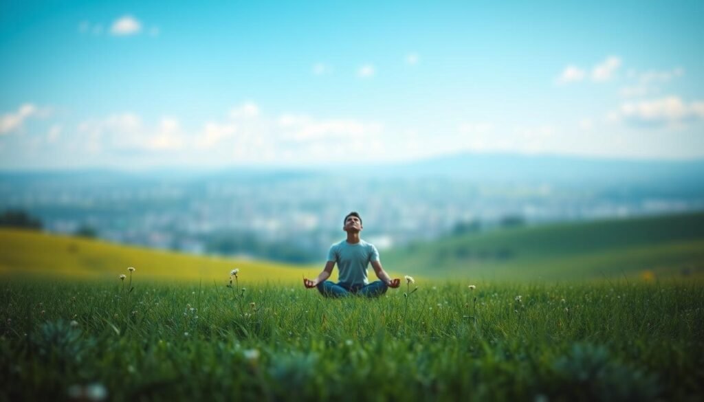 A serene digital landscape, with a tranquil meadow in the foreground and a calming blue sky overhead. In the center, a figure sits cross-legged, eyes closed, radiating a sense of inner peace. The background is blurred, but hints at a distant city, representing the digital world. Soft, natural lighting filters through, casting a warm, soothing glow. The overall mood is one of detachment, contemplation, and the shedding of digital toxins, inviting the viewer to find respite from the digital realm.