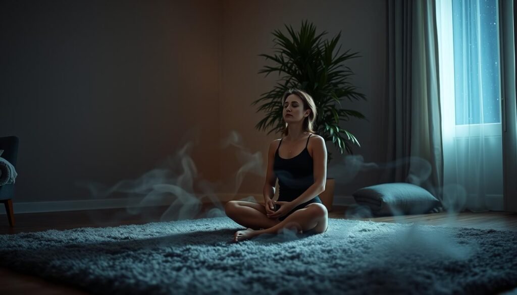 A serene, dimly lit bedroom with soft, warm lighting. In the foreground, a person sits cross-legged on a plush, gray rug, eyes closed, hands resting on their lap. Surrounding them, wispy, ethereal mist swirls, creating an atmosphere of tranquility and focus. In the middle ground, a large, lush potted plant stands, its leaves gently swaying. The background features a window, its curtains drawn, revealing a peaceful, starry night sky. The overall mood is one of deep relaxation, mindfulness, and guided visualization. A serene, dimly lit bedroom with soft, warm lighting. In the foreground, a person sits cross-legged on a plush, gray rug, eyes closed, hands resting on their lap. Surrounding them, wispy, ethereal mist swirls, creating an atmosphere of tranquility and focus. In the middle ground, a large, lush potted plant stands, its leaves gently swaying. The background features a window, its curtains drawn, revealing a peaceful, starry night sky. The overall mood is one of deep relaxation, mindfulness, and guided visualization.