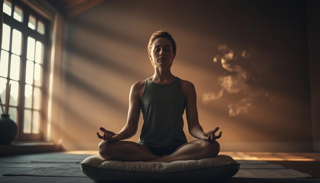 A serene, dimly lit meditation room with natural lighting filtering in through large windows. In the foreground, a person sits cross-legged on a plush cushion, their eyes closed in deep concentration as they practice conscious breathing. Soft, golden rays of light bathe their face, highlighting the peaceful expression. In the middle ground, gentle wisps of incense curl upwards, creating a hazy, calming atmosphere. The background features soothing, earthy tones with natural textures, such as stone or wood, evoking a sense of grounding. The overall mood is one of tranquility, introspection, and a focus on the power of conscious breathing to meet specific emotional and mental needs. A serene, dimly lit meditation room with natural lighting filtering in through large windows. In the foreground, a person sits cross-legged on a plush cushion, their eyes closed in deep concentration as they practice conscious breathing. Soft, golden rays of light bathe their face, highlighting the peaceful expression. In the middle ground, gentle wisps of incense curl upwards, creating a hazy, calming atmosphere. The background features soothing, earthy tones with natural textures, such as stone or wood, evoking a sense of grounding. The overall mood is one of tranquility, introspection, and a focus on the power of conscious breathing to meet specific emotional and mental needs.