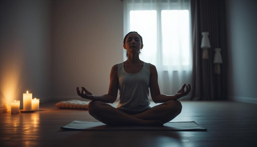 A serene, dimly lit meditation scene. In the foreground, a person sits cross-legged, palms facing upwards, eyes closed in deep contemplation. The soft glow of candlelight illuminates their face, casting gentle shadows. In the middle ground, a simple mat or cushion rests on the floor, surrounded by the tranquil ambiance of a minimalist, zen-inspired interior. The background features muted, neutral tones, emphasizing the calming atmosphere and the person's focus on their breathing. Diffused natural light filters in through a window, creating a sense of peace and tranquility. The overall composition exudes a meditative, introspective mood, suitable for illustrating the day's practice of mindful breathing.