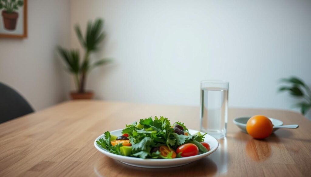 A serene dining table, softly lit from above, with a plate of vibrant, wholesome foods - fresh greens, colorful vegetables, and a glass of water. The setting exudes a sense of mindfulness and intentionality, inviting the viewer to slow down, savor each bite, and attune to the body's natural hunger and fullness cues. In the background, a tranquil, minimalist environment, devoid of distractions, creates a calming atmosphere conducive to conscious eating. The image conveys the essence of "الأكل الواعي وفقدان الوزن" - a harmonious, nourishing approach to weight management through the practice of mindful, enjoyable meals. A serene dining table, softly lit from above, with a plate of vibrant, wholesome foods - fresh greens, colorful vegetables, and a glass of water. The setting exudes a sense of mindfulness and intentionality, inviting the viewer to slow down, savor each bite, and attune to the body's natural hunger and fullness cues. In the background, a tranquil, minimalist environment, devoid of distractions, creates a calming atmosphere conducive to conscious eating. The image conveys the essence of "الأكل الواعي وفقدان الوزن" - a harmonious, nourishing approach to weight management through the practice of mindful, enjoyable meals.