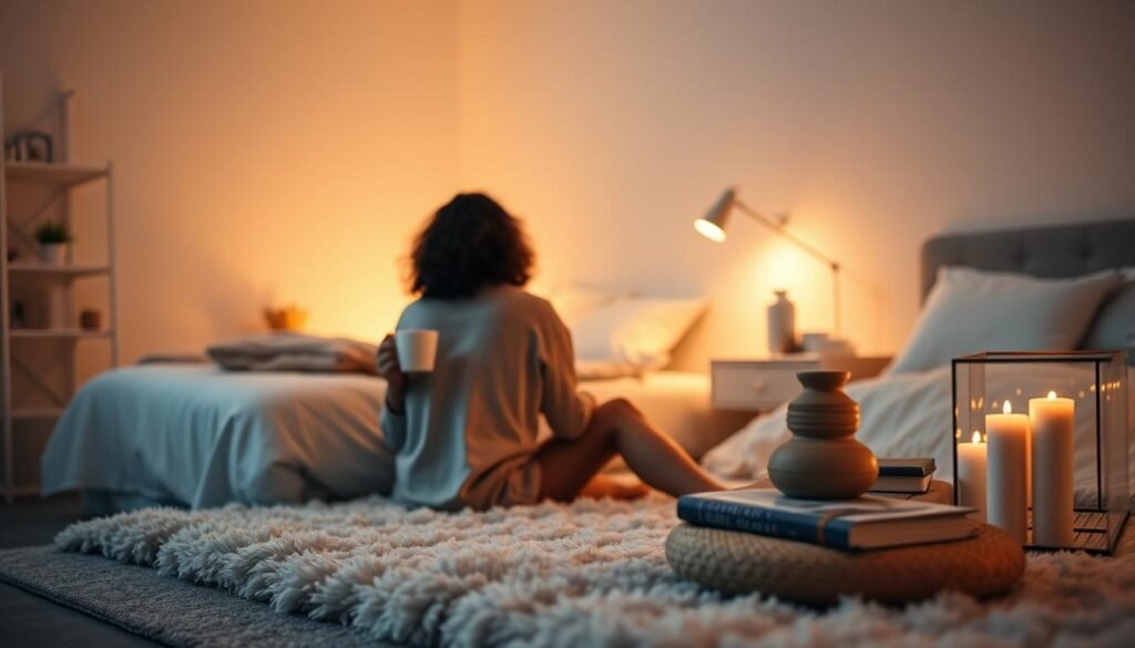 A serene evening scene with a woman following a calming bedtime routine. In the foreground, she sits comfortably on a plush rug, preparing a cup of herbal tea. Soft ambient lighting casts a warm glow, creating a cozy and inviting atmosphere. In the middle ground, a bedside table displays soothing elements like a diffuser, scented candles, and a book. The background features a minimalist bedroom interior, with neutral-toned walls and simple decor, evoking a sense of tranquility. The overall scene conveys a peaceful, relaxing ambiance that encourages restful sleep and adherence to a consistent evening routine.