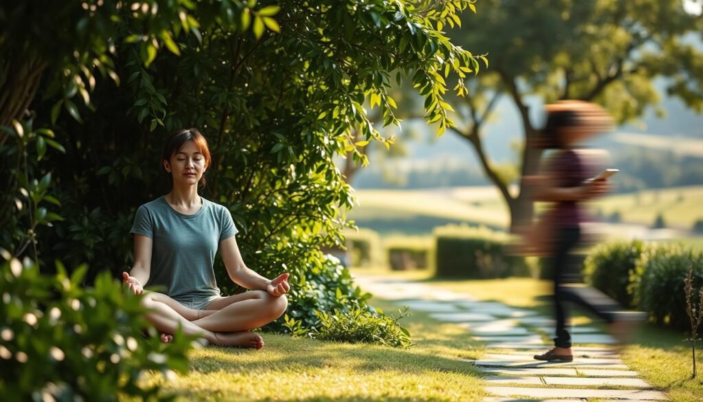 A serene garden setting with a peaceful, mindful individual seated in lotus position, eyes closed, hands resting gently. In the foreground, a contrasting scene depicts a hurried, distracted person rushing through the space, gaze fixed on a smartphone. Diffused natural lighting filters through lush foliage, casting soft shadows. The background features a blurred, tranquil landscape with a meandering path. Evoke a sense of mindfulness versus mindlessness, stillness versus motion, presence versus distraction. A serene garden setting with a peaceful, mindful individual seated in lotus position, eyes closed, hands resting gently. In the foreground, a contrasting scene depicts a hurried, distracted person rushing through the space, gaze fixed on a smartphone. Diffused natural lighting filters through lush foliage, casting soft shadows. The background features a blurred, tranquil landscape with a meandering path. Evoke a sense of mindfulness versus mindlessness, stillness versus motion, presence versus distraction.
