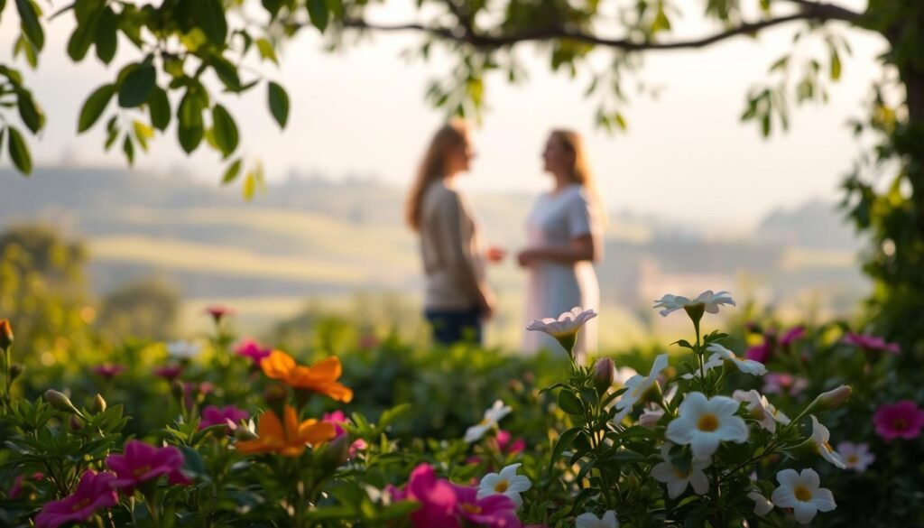 A serene garden setting, with lush greenery and vibrant blooms in the foreground. In the middle ground, two figures engage in a warm, friendly conversation, their body language conveying a sense of connection and trust. The background features a softly blurred landscape, creating a peaceful, calming atmosphere. The lighting is soft and natural, with a gentle golden glow that enhances the tranquil mood. The overall composition evokes a sense of harmony, positivity, and the nurturing of meaningful relationships. A serene garden setting, with lush greenery and vibrant blooms in the foreground. In the middle ground, two figures engage in a warm, friendly conversation, their body language conveying a sense of connection and trust. The background features a softly blurred landscape, creating a peaceful, calming atmosphere. The lighting is soft and natural, with a gentle golden glow that enhances the tranquil mood. The overall composition evokes a sense of harmony, positivity, and the nurturing of meaningful relationships.