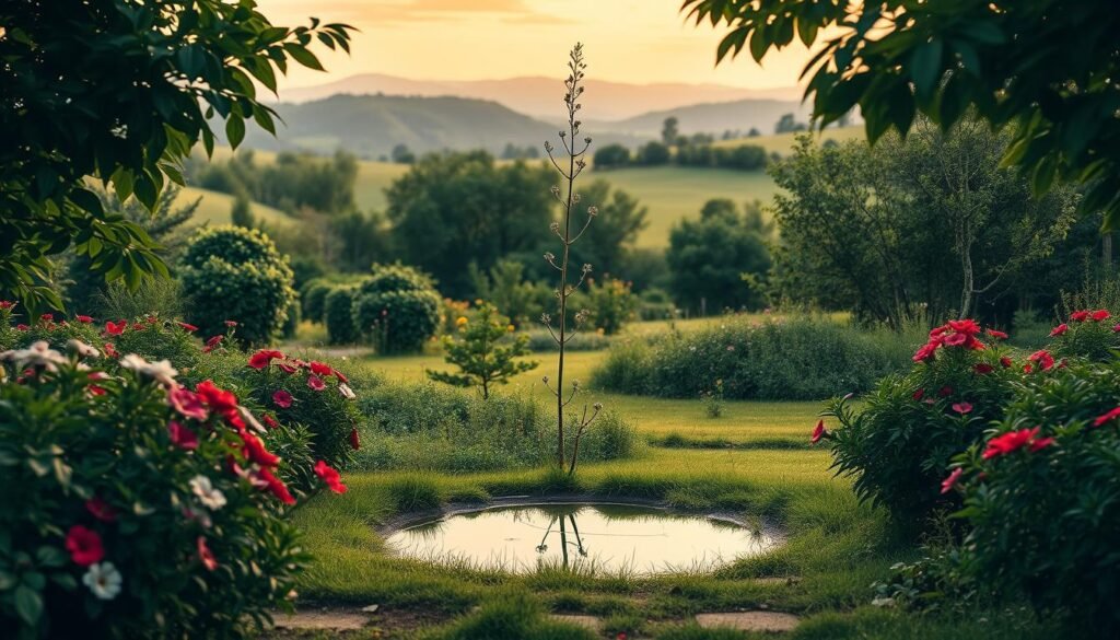 A serene garden with lush greenery, dotted with vibrant flowers. In the foreground, a path leads to a small, tranquil pond, its still surface reflecting the surrounding foliage. A gentle breeze rustles the leaves, creating a sense of movement and growth. In the middle ground, a young sapling stands tall, its slender branches reaching upwards, symbolizing the potential for transformation. The background features rolling hills and a warm, golden-hued sky, suggesting the promise of a brighter future. The scene is bathed in soft, diffused lighting, creating a sense of hope and possibility. This image conveys the message that even the smallest actions, like tending to a growing plant, can lead to profound and lasting changes. A serene garden with lush greenery, dotted with vibrant flowers. In the foreground, a path leads to a small, tranquil pond, its still surface reflecting the surrounding foliage. A gentle breeze rustles the leaves, creating a sense of movement and growth. In the middle ground, a young sapling stands tall, its slender branches reaching upwards, symbolizing the potential for transformation. The background features rolling hills and a warm, golden-hued sky, suggesting the promise of a brighter future. The scene is bathed in soft, diffused lighting, creating a sense of hope and possibility. This image conveys the message that even the smallest actions, like tending to a growing plant, can lead to profound and lasting changes.