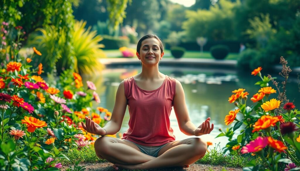 A serene garden with vibrant flowers, lush greenery, and a tranquil pond reflecting the sky. In the foreground, a person sitting in a meditative pose, their face radiant with inner peace and resilience. The lighting is soft and diffused, creating a warm, calming atmosphere. The scene conveys the power of the human spirit to overcome challenges and emerge stronger, like a flower blooming amidst adversity. The image captures the essence of psychological resilience, inspiring the viewer to find their own inner strength.