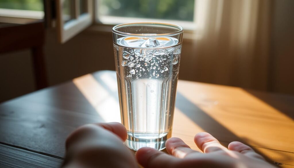 A serene glass of clear, sparkling water sitting on a wooden table, with soft natural lighting filtering through an open window, casting gentle shadows. The water's surface gently ripples, reflecting the warm hues of the surroundings. In the foreground, a hand reaches out, fingers poised to grasp the glass, inviting the viewer to take a refreshing sip and quench their thirst. The scene exudes a sense of calm and rejuvenation, perfectly capturing the essence of "شرب الماء" - the act of hydrating the body and nourishing the self.