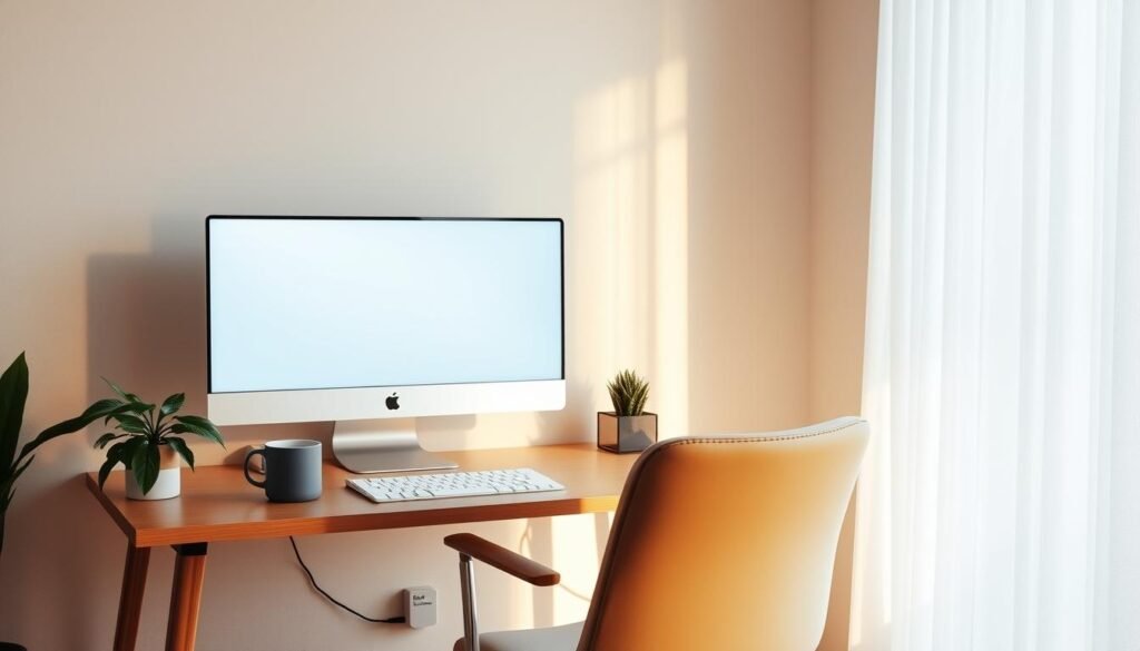 A serene home office setting, with a desk, chair, and minimal decor. Soft, diffused natural lighting filters through a large window, casting a warm glow. On the desk, a single potted plant and a mug of hot tea. The computer screen displays a simple, uncluttered interface, with a focus on one or two essential apps. The overall atmosphere is one of calm, mindfulness, and intentional living, encouraging deep focus and productivity without distractions.