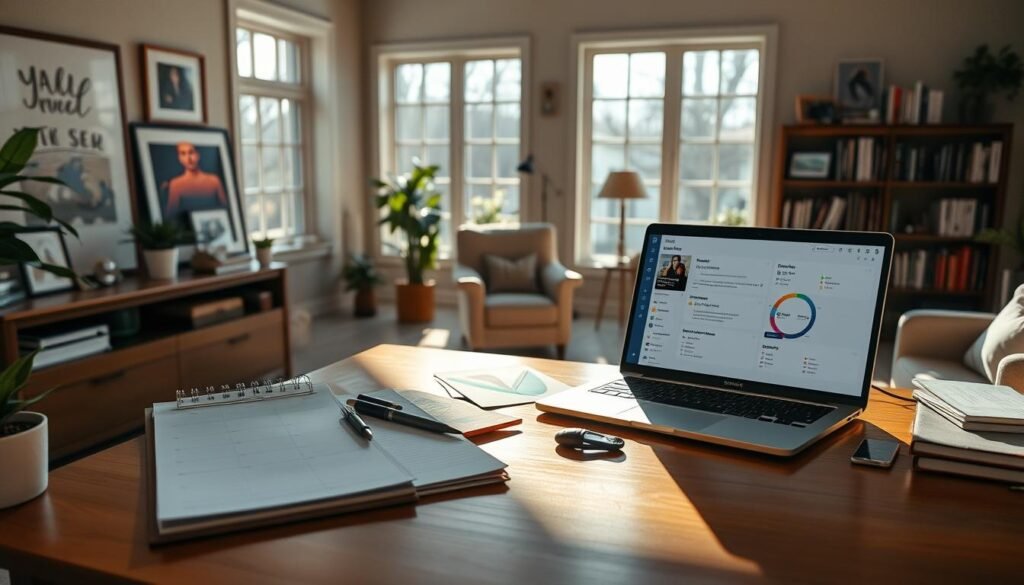 A serene home office, sunlight streaming through large windows, casting a warm glow on a wooden desk. On the desk, various organizational tools - a calendar, to-do lists, and a focused task manager interface on a laptop screen. In the foreground, a person sitting in a comfortable chair, deep in contemplation, surrounded by inspirational art and plants. The background features bookshelves and a cozy armchair, creating a sense of balance and productivity. The overall atmosphere conveys a mindful approach to task management, with a focus on reducing distractions and maximizing efficiency.