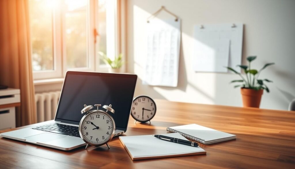 A serene home office with a wooden desk, a laptop, and a cup of coffee. Sunlight streams through a large window, casting a warm glow on the workspace. In the middle ground, an analog clock, a pen, and a notepad symbolize the importance of time management. In the background, a minimalist wall calendar and a potted plant add a touch of organization and nature. The overall atmosphere conveys a sense of focus, productivity, and a well-balanced approach to managing one's time effectively.