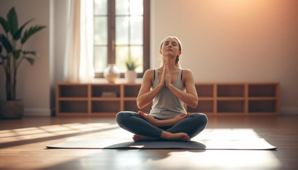 A serene indoor setting, with a person sitting cross-legged on a yoga mat, performing a breathing exercise. Soft natural lighting filters through a nearby window, casting a warm glow. In the foreground, the person's hands rest gently on their knees, their eyes closed in concentration. The middle ground features a minimalist, calming decor, such as a potted plant or a simple piece of artwork. The background blurs softly, creating a sense of tranquility. The overall atmosphere evokes a peaceful, mindful ambiance, ideal for illustrating a section on incorporating breathing techniques into a daily routine. A serene indoor setting, with a person sitting cross-legged on a yoga mat, performing a breathing exercise. Soft natural lighting filters through a nearby window, casting a warm glow. In the foreground, the person's hands rest gently on their knees, their eyes closed in concentration. The middle ground features a minimalist, calming decor, such as a potted plant or a simple piece of artwork. The background blurs softly, creating a sense of tranquility. The overall atmosphere evokes a peaceful, mindful ambiance, ideal for illustrating a section on incorporating breathing techniques into a daily routine.