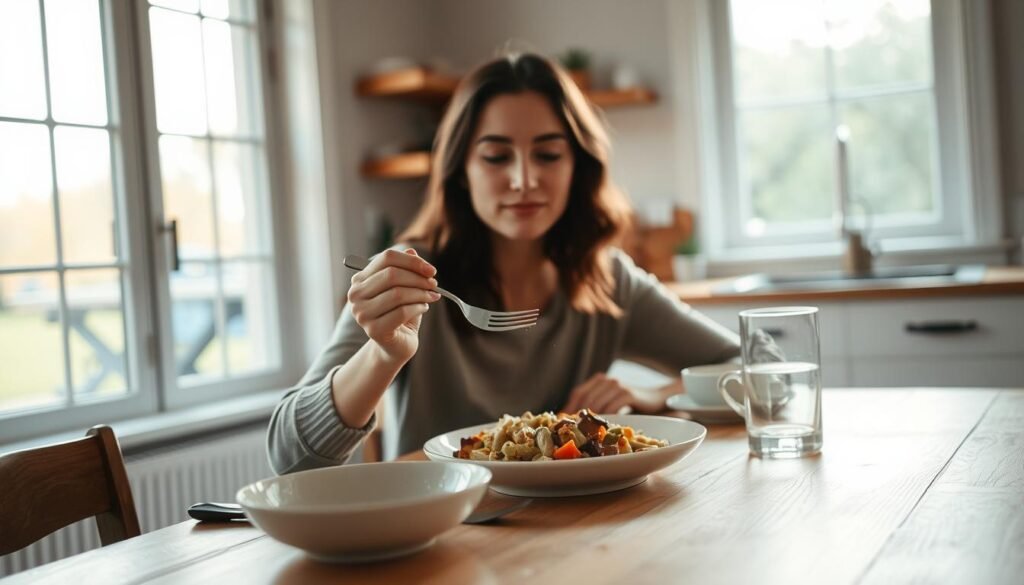 A serene kitchen setting with a person seated at a wooden table, mindfully savoring a meal. Soft natural lighting filters through large windows, casting a warm glow. The person's hands gently hold a fork, pausing between bites to appreciate the flavors and textures of the homemade dish before them. The table is adorned with simple, uncluttered tableware, allowing the focus to remain on the act of conscious eating. The atmosphere exudes a sense of tranquility and presence, inviting the viewer to slow down and savor the moment. A serene kitchen setting with a person seated at a wooden table, mindfully savoring a meal. Soft natural lighting filters through large windows, casting a warm glow. The person's hands gently hold a fork, pausing between bites to appreciate the flavors and textures of the homemade dish before them. The table is adorned with simple, uncluttered tableware, allowing the focus to remain on the act of conscious eating. The atmosphere exudes a sense of tranquility and presence, inviting the viewer to slow down and savor the moment.