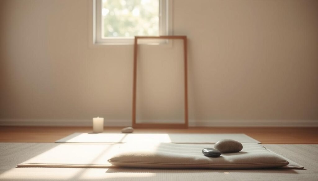 A serene meditation space, bathed in soft natural light filtering through a window. In the foreground, a cushioned mat invites the viewer to sit and begin their mindfulness journey. Surrounding the mat, various symbolic elements come into focus - a simple candle, a small bowl of water, and a few smooth river stones. In the middle ground, a minimalist wooden frame stands, hinting at the simplicity and focus required for "اليقظة للمبتدئين". The background fades into a neutral, calming palette, allowing the central meditation space to take center stage. This image captures the essence of starting one's mindfulness practice with clear, uncomplicated steps. A serene meditation space, bathed in soft natural light filtering through a window. In the foreground, a cushioned mat invites the viewer to sit and begin their mindfulness journey. Surrounding the mat, various symbolic elements come into focus - a simple candle, a small bowl of water, and a few smooth river stones. In the middle ground, a minimalist wooden frame stands, hinting at the simplicity and focus required for "اليقظة للمبتدئين". The background fades into a neutral, calming palette, allowing the central meditation space to take center stage. This image captures the essence of starting one's mindfulness practice with clear, uncomplicated steps.