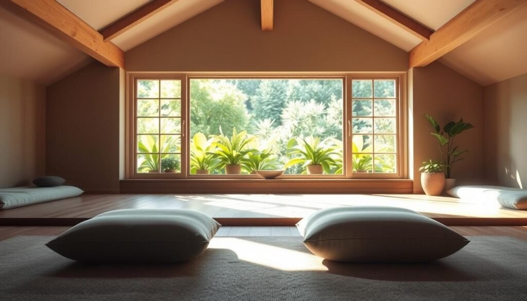 A serene meditation space in a sunlit loft, with a plush meditation cushion in the foreground, a large window overlooking a verdant garden in the middle ground, and soft ambient lighting creating a calming atmosphere. The image should convey a sense of focus, tranquility, and deepening one's practice through the thoughtful arrangement of the elements.
