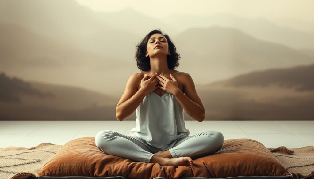 A serene, meditative scene of a person gently embracing themselves, radiating self-acceptance and inner peace. The figure sits cross-legged on a plush, earthy-toned cushion, their eyes closed in contemplation. Soft, diffused lighting emanates from above, creating an atmosphere of tranquility. In the background, a muted, abstract landscape evokes a sense of harmony and wholeness. The overall composition conveys a profound experience of self-compassion, where the individual is wholly present with and nurturing their own being. A serene, meditative scene of a person gently embracing themselves, radiating self-acceptance and inner peace. The figure sits cross-legged on a plush, earthy-toned cushion, their eyes closed in contemplation. Soft, diffused lighting emanates from above, creating an atmosphere of tranquility. In the background, a muted, abstract landscape evokes a sense of harmony and wholeness. The overall composition conveys a profound experience of self-compassion, where the individual is wholly present with and nurturing their own being.