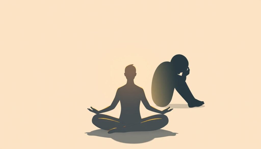 A serene, minimalist digital illustration depicting the difference between self-compassion and self-pity. In the foreground, a figure sits in a meditative pose, radiating a warm, gentle light - symbolizing self-compassion. In the background, another figure curls up, enveloped in a cold, shadowy aura - representing self-pity. The composition is balanced, with soft, earthy tones and natural, calming lighting, conveying a sense of introspection and emotional awareness. The scene evokes a deep understanding of the distinction between empathizing with one's own struggles and becoming mired in them. A serene, minimalist digital illustration depicting the difference between self-compassion and self-pity. In the foreground, a figure sits in a meditative pose, radiating a warm, gentle light - symbolizing self-compassion. In the background, another figure curls up, enveloped in a cold, shadowy aura - representing self-pity. The composition is balanced, with soft, earthy tones and natural, calming lighting, conveying a sense of introspection and emotional awareness. The scene evokes a deep understanding of the distinction between empathizing with one's own struggles and becoming mired in them.
