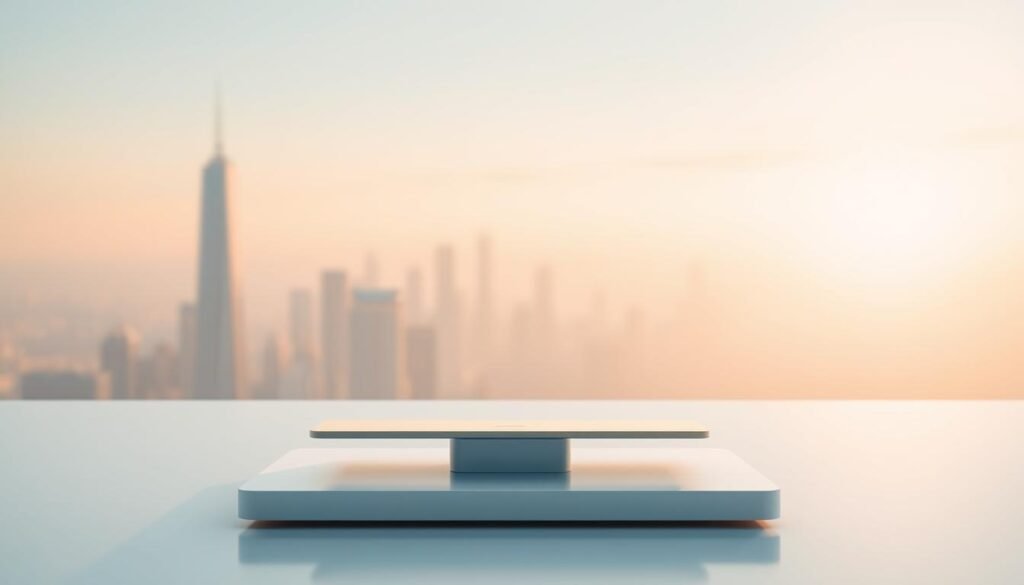 A serene, minimalist digital landscape with a balanced composition. In the foreground, a pair of digital scales resting on a sleek, white surface, representing the equilibrium between technology and wellbeing. In the middle ground, a softly blurred, dreamlike cityscape of skyscrapers and digital infrastructure, suggesting the interconnectedness of the digital world. The background features a warm, gradient sky, bathed in a soft, golden light, conveying a sense of tranquility and harmony. The scene is captured with a wide-angle lens, creating a sense of depth and balance. The overall mood is one of stillness and contemplation, inviting the viewer to reflect on the importance of maintaining a healthy digital balance. A serene, minimalist digital landscape with a balanced composition. In the foreground, a pair of digital scales resting on a sleek, white surface, representing the equilibrium between technology and wellbeing. In the middle ground, a softly blurred, dreamlike cityscape of skyscrapers and digital infrastructure, suggesting the interconnectedness of the digital world. The background features a warm, gradient sky, bathed in a soft, golden light, conveying a sense of tranquility and harmony. The scene is captured with a wide-angle lens, creating a sense of depth and balance. The overall mood is one of stillness and contemplation, inviting the viewer to reflect on the importance of maintaining a healthy digital balance.