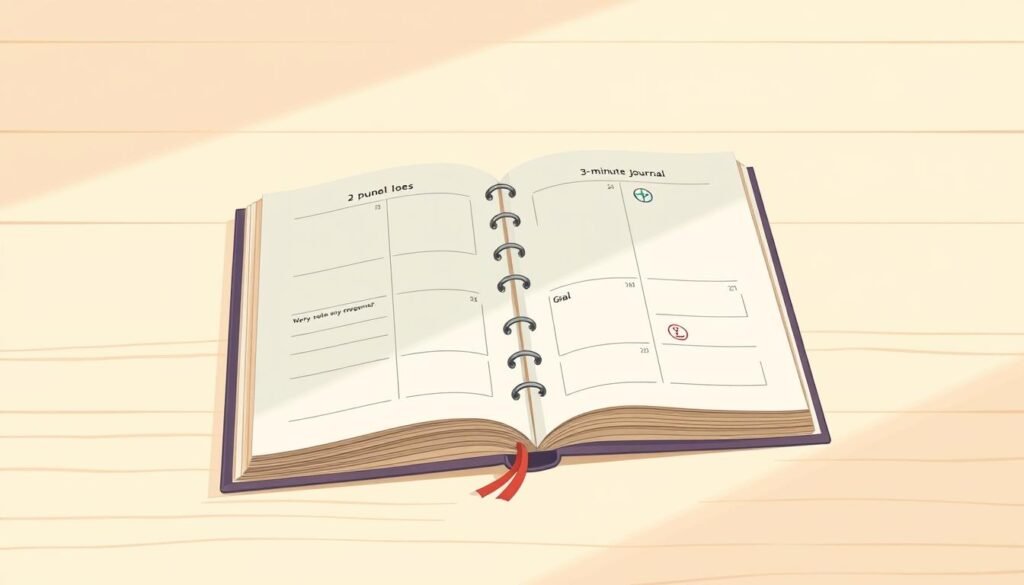 A serene, minimalist illustration of a "mental wellness tool" - a thoughtfully designed journal with a soft, muted color palette. The journal lies open on a clean, uncluttered wooden surface, bathed in warm, diffused natural lighting. Its pages are filled with simple, hand-drawn icons and layouts, suggesting a structured yet flexible framework for personal reflection and goal-setting. The overall atmosphere conveys a sense of tranquility, focus, and intentionality - qualities that embody the essence of the 5-Minute Journal as a valuable tool for cultivating mindfulness and mental well-being.