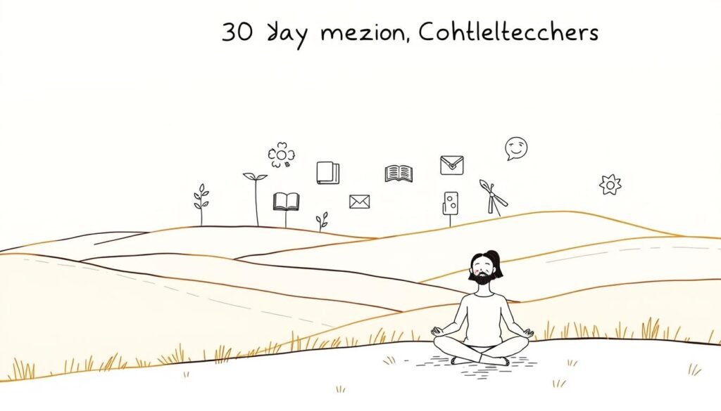 A serene, minimalist illustration showcasing the benefits of a 30-day social media challenge. The composition features a tranquil natural landscape with rolling hills, a clear sky, and a simplistic, hand-drawn aesthetic. In the foreground, a person sits cross-legged, appearing calm and focused, representing the reduced stress and increased mindfulness that can come from taking a break from constant digital connection. The middle ground showcases various icons symbolizing the positive impacts, such as a growing plant, a book, and a person in a meditative pose. The background subtly incorporates delicate, ethereal elements like wispy clouds and a warm, golden lighting to evoke a sense of peace and renewal. The overall tone is soothing, inviting the viewer to consider the restorative power of a digital detox.