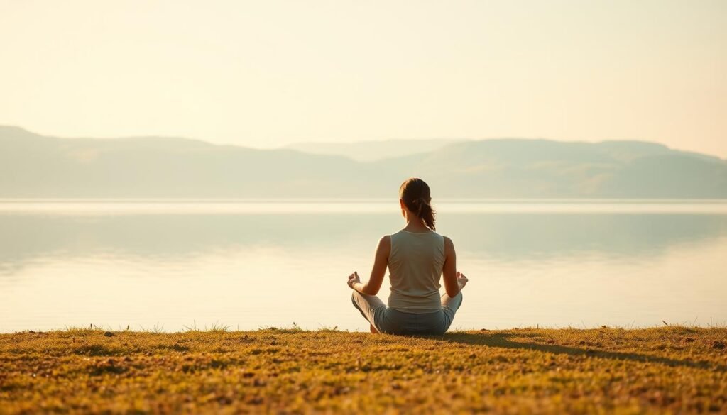 A serene, minimalist landscape depicting the concept of "mental health". In the foreground, a person sitting in a meditative pose, their face obscured, symbolizing the inward journey of self-reflection. The middle ground features a tranquil lake, its surface like a mirror, reflecting the sky above. The background showcases a range of lush, verdant hills or mountains, bathed in warm, golden lighting, evoking a sense of calm and balance. The overall composition aims to convey a sense of inner peace, mental clarity, and the importance of disconnecting from the digital world to reconnect with oneself. A serene, minimalist landscape depicting the concept of "mental health". In the foreground, a person sitting in a meditative pose, their face obscured, symbolizing the inward journey of self-reflection. The middle ground features a tranquil lake, its surface like a mirror, reflecting the sky above. The background showcases a range of lush, verdant hills or mountains, bathed in warm, golden lighting, evoking a sense of calm and balance. The overall composition aims to convey a sense of inner peace, mental clarity, and the importance of disconnecting from the digital world to reconnect with oneself.