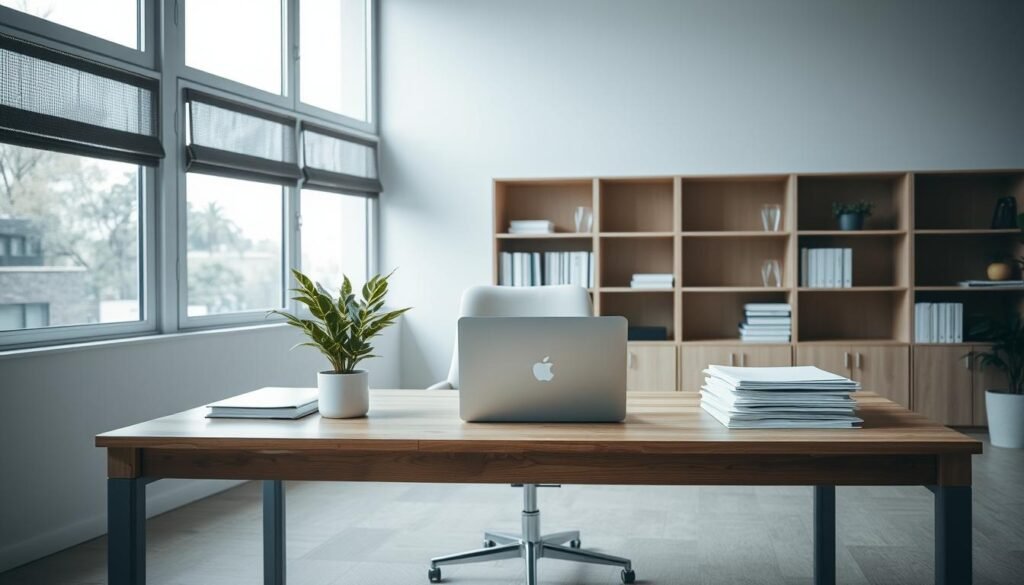 A serene, minimalist office space with natural light streaming through large windows. A wooden desk sits in the foreground, its surface clear and uncluttered, save for a laptop, a potted plant, and a well-organized stack of papers. In the middle ground, a comfortable-looking chair invites focused work. The background features a neutral-toned bookshelf, adding a touch of sophistication. The lighting is soft and diffused, creating a calming atmosphere conducive to deep, productive work. The overall scene conveys a sense of order, efficiency, and mindful productivity.