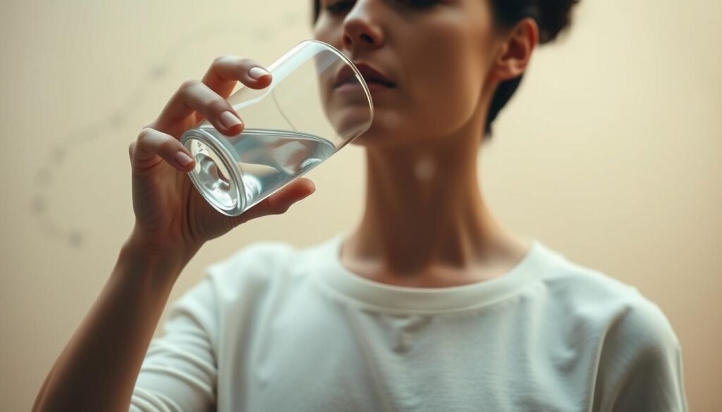 A serene, minimalist scene depicting a person drinking water from a clear glass cup. The lighting is soft and diffused, creating a warm, tranquil atmosphere. The subject is situated in the center of the frame, with a simple, uncluttered background of muted hues, perhaps a neutral-colored wall or a natural setting like a garden. The angle is slightly elevated, giving a sense of calmness and deliberation to the act of drinking water. The glass is held with both hands, highlighting the mindfulness and intentionality of the moment. The overall composition conveys a sense of balance, wellness, and the importance of proper hydration.