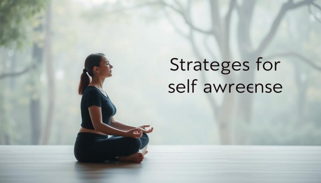 A serene, minimalist scene depicting strategies for self-awareness. In the foreground, a person sits cross-legged in a meditative pose, eyes closed, hands resting gently on their lap. The background features a tranquil, nature-inspired setting with soft, diffuse lighting, perhaps a peaceful forest or a secluded garden. The overall atmosphere conveys a sense of introspection, calm, and inner focus. The composition emphasizes the importance of mindfulness and self-reflection as key elements in the journey of self-awareness. A serene, minimalist scene depicting strategies for self-awareness. In the foreground, a person sits cross-legged in a meditative pose, eyes closed, hands resting gently on their lap. The background features a tranquil, nature-inspired setting with soft, diffuse lighting, perhaps a peaceful forest or a secluded garden. The overall atmosphere conveys a sense of introspection, calm, and inner focus. The composition emphasizes the importance of mindfulness and self-reflection as key elements in the journey of self-awareness.