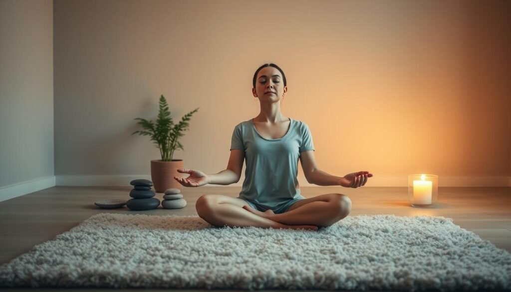 A serene, minimalist scene depicting various stress management techniques. In the foreground, a person sits cross-legged on a plush, textured rug, their eyes closed in deep meditation. Soft, warm lighting emanates from behind, casting a gentle glow over the scene. In the middle ground, a collection of natural elements such as smooth river stones, a potted plant, and a lit candle create a calming, spa-like atmosphere. The background features muted, neutral-toned walls, creating a sense of tranquility and escape from the outside world. The overall mood is one of inner peace, relaxation, and mindfulness. A serene, minimalist scene depicting various stress management techniques. In the foreground, a person sits cross-legged on a plush, textured rug, their eyes closed in deep meditation. Soft, warm lighting emanates from behind, casting a gentle glow over the scene. In the middle ground, a collection of natural elements such as smooth river stones, a potted plant, and a lit candle create a calming, spa-like atmosphere. The background features muted, neutral-toned walls, creating a sense of tranquility and escape from the outside world. The overall mood is one of inner peace, relaxation, and mindfulness.