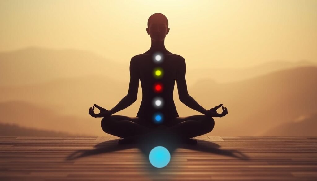 A serene, minimalist scene of a person in a meditative pose, deeply attuned to the subtle signals of their body. The foreground features their silhouette, with hands resting on their lap and a peaceful expression. The middle ground depicts the body's energy centers or chakras, visualized as softly glowing orbs of color radiating from within. The background is a muted, hazy landscape evoking a sense of tranquility, with a warm, natural lighting that bathes the entire scene in a contemplative glow. The overall atmosphere conveys a state of heightened awareness and connection to the self. A serene, minimalist scene of a person in a meditative pose, deeply attuned to the subtle signals of their body. The foreground features their silhouette, with hands resting on their lap and a peaceful expression. The middle ground depicts the body's energy centers or chakras, visualized as softly glowing orbs of color radiating from within. The background is a muted, hazy landscape evoking a sense of tranquility, with a warm, natural lighting that bathes the entire scene in a contemplative glow. The overall atmosphere conveys a state of heightened awareness and connection to the self.