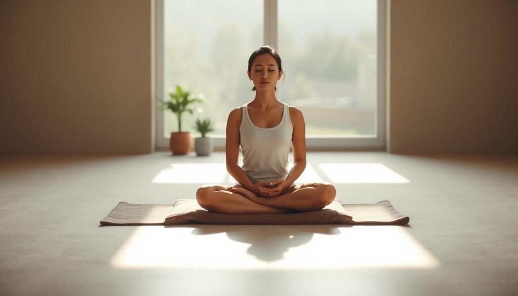 A serene, minimalist scene of a person practicing mindfulness techniques. The foreground depicts a person sitting cross-legged on a meditation cushion, their eyes closed and hands resting gently on their lap, an expression of deep concentration on their face. Diffused natural light filters in from a large window, casting a warm glow over the scene. In the middle ground, a simple, uncluttered space with neutral-toned walls and a small, potted plant. The background suggests a tranquil, secluded environment, perhaps a private room or a peaceful outdoor setting. The overall mood is one of calm, focus, and introspection, inviting the viewer to embrace the practice of mindfulness. A serene, minimalist scene of a person practicing mindfulness techniques. The foreground depicts a person sitting cross-legged on a meditation cushion, their eyes closed and hands resting gently on their lap, an expression of deep concentration on their face. Diffused natural light filters in from a large window, casting a warm glow over the scene. In the middle ground, a simple, uncluttered space with neutral-toned walls and a small, potted plant. The background suggests a tranquil, secluded environment, perhaps a private room or a peaceful outdoor setting. The overall mood is one of calm, focus, and introspection, inviting the viewer to embrace the practice of mindfulness.