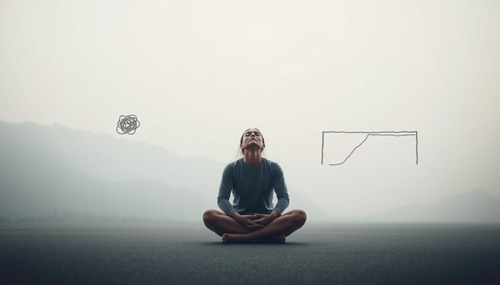 A serene, minimalist scene of overcoming common challenges. In the foreground, a person sits cross-legged, hands resting on their knees, eyes closed in deep concentration. Soft, diffused lighting bathes the scene, creating a calming atmosphere. In the middle ground, a series of simple, abstract obstacles - a tangled knot, a steep cliff, a raging river - each representing a common challenge. The background is a tranquil, muted landscape, hinting at the peaceful resolution beyond the obstacles. The overall composition conveys a sense of focus, determination, and the power of mindful, deliberate action to surmount life's hurdles. A serene, minimalist scene of overcoming common challenges. In the foreground, a person sits cross-legged, hands resting on their knees, eyes closed in deep concentration. Soft, diffused lighting bathes the scene, creating a calming atmosphere. In the middle ground, a series of simple, abstract obstacles - a tangled knot, a steep cliff, a raging river - each representing a common challenge. The background is a tranquil, muted landscape, hinting at the peaceful resolution beyond the obstacles. The overall composition conveys a sense of focus, determination, and the power of mindful, deliberate action to surmount life's hurdles.