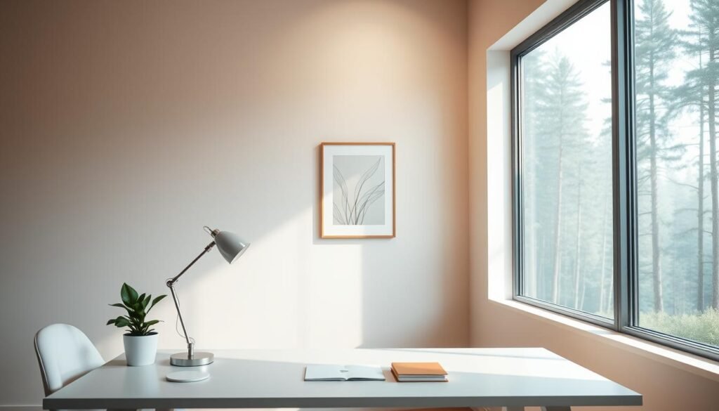 A serene, minimalist workspace bathed in soft, natural light. The desk is clear of clutter, with a single, elegant lamp and a potted plant providing a touch of greenery. The walls are a calming, neutral shade, with a single, abstract artwork hanging in the middle distance. Large windows overlooking a tranquil, wooded landscape fill the background, creating a sense of openness and connection with nature. Diffused, warm lighting casts a gentle glow, fostering an atmosphere of focus and tranquility. The overall scene exudes a sense of simplicity, order, and freedom from distractions, perfectly capturing the essence of a distraction-free environment. A serene, minimalist workspace bathed in soft, natural light. The desk is clear of clutter, with a single, elegant lamp and a potted plant providing a touch of greenery. The walls are a calming, neutral shade, with a single, abstract artwork hanging in the middle distance. Large windows overlooking a tranquil, wooded landscape fill the background, creating a sense of openness and connection with nature. Diffused, warm lighting casts a gentle glow, fostering an atmosphere of focus and tranquility. The overall scene exudes a sense of simplicity, order, and freedom from distractions, perfectly capturing the essence of a distraction-free environment.