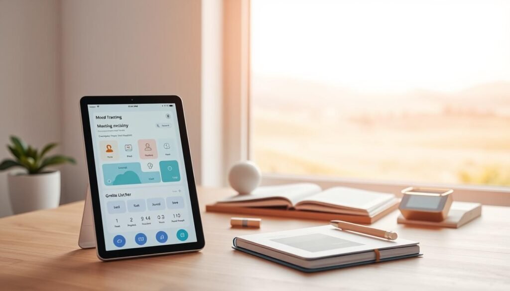 A serene, minimalist workspace with a clean, modern aesthetic. In the foreground, a sleek, customizable mood tracking app displayed on a high-resolution tablet, its interface showcasing intuitive icons and soothing color palettes. In the middle ground, an array of thoughtfully designed mental health tools - a journal, a meditation timer, and a gratitude list organizer - all neatly arranged on a natural wood desk. The background features a large window overlooking a tranquil, natural landscape, bathed in warm, diffused lighting that creates a calming, therapeutic atmosphere. The overall scene conveys a sense of balance, control, and personal empowerment in managing one's mental well-being. A serene, minimalist workspace with a clean, modern aesthetic. In the foreground, a sleek, customizable mood tracking app displayed on a high-resolution tablet, its interface showcasing intuitive icons and soothing color palettes. In the middle ground, an array of thoughtfully designed mental health tools - a journal, a meditation timer, and a gratitude list organizer - all neatly arranged on a natural wood desk. The background features a large window overlooking a tranquil, natural landscape, bathed in warm, diffused lighting that creates a calming, therapeutic atmosphere. The overall scene conveys a sense of balance, control, and personal empowerment in managing one's mental well-being.
